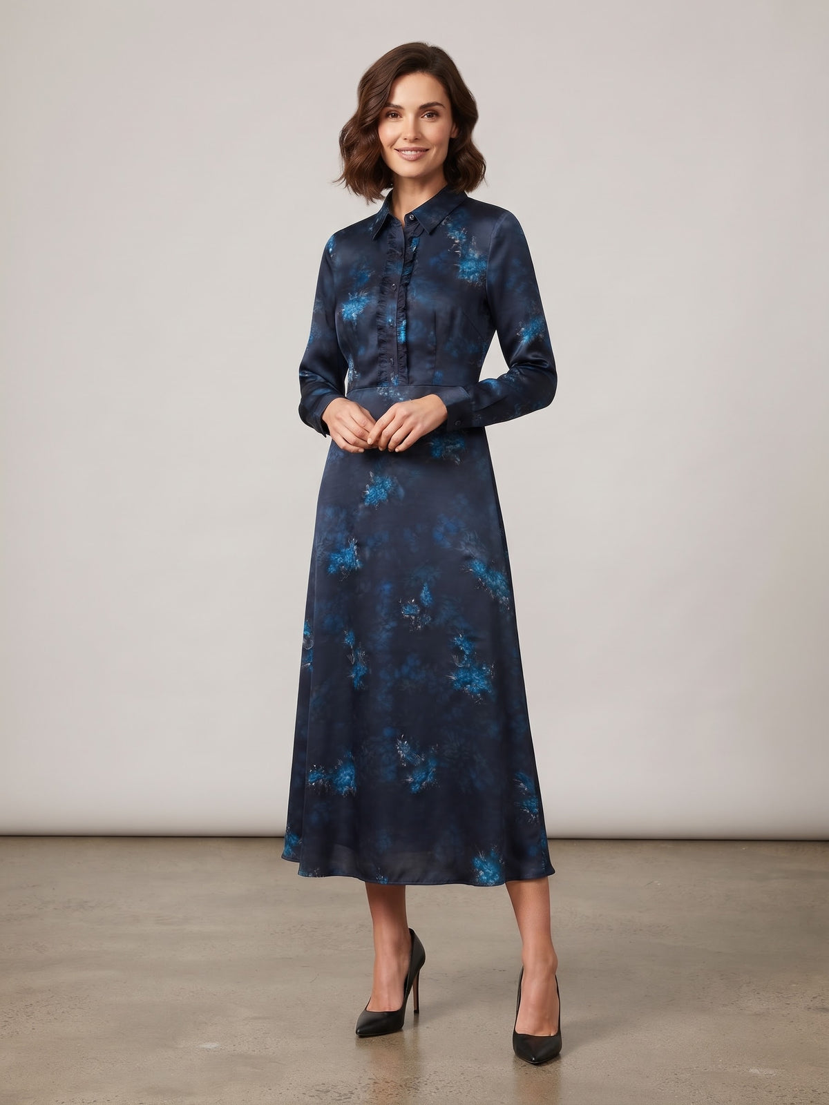 Miss Finch NYC Ruffle Trim Button-Down Long Sleeve Midi Shirt Dress in Black & Blue Floral