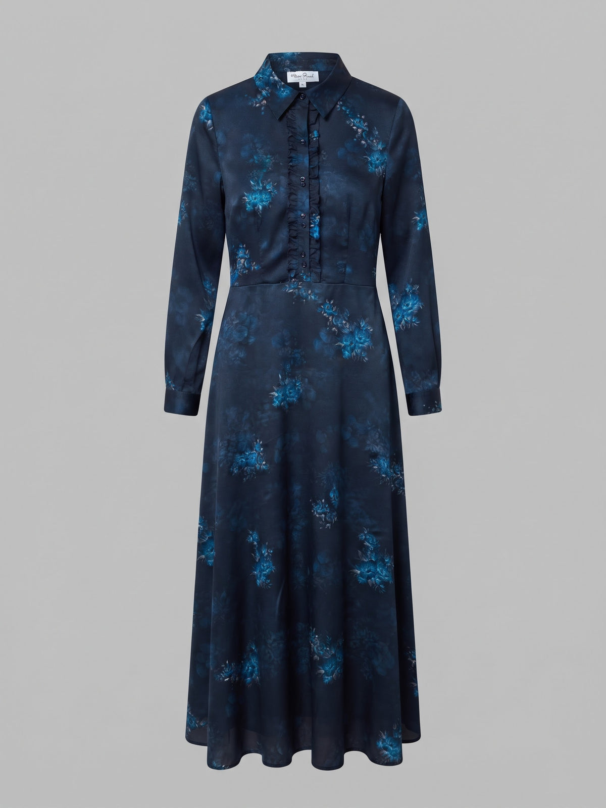 Miss Finch NYC Ruffle Trim Button-Down Long Sleeve Midi Shirt Dress in Black & Blue Floral