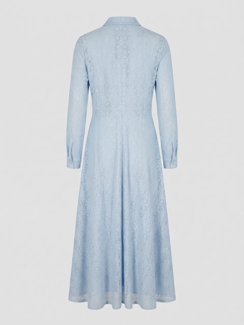 Miss Finch NYC Fully Lined Floral Lace Button-Down Midi Shirt Dress in Light Blue