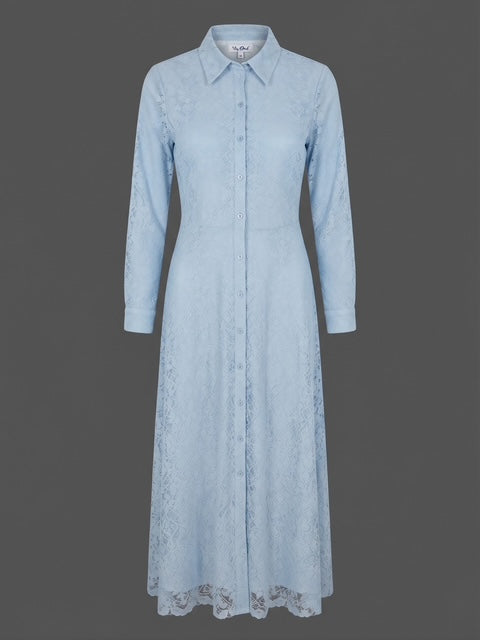 Miss Finch NYC Fully Lined Floral Lace Button-Down Midi Shirt Dress in Light Blue