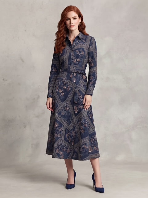 Miss Finch NYC Belted Patchwork Floral Midi Shirt Dress in Ink Navy