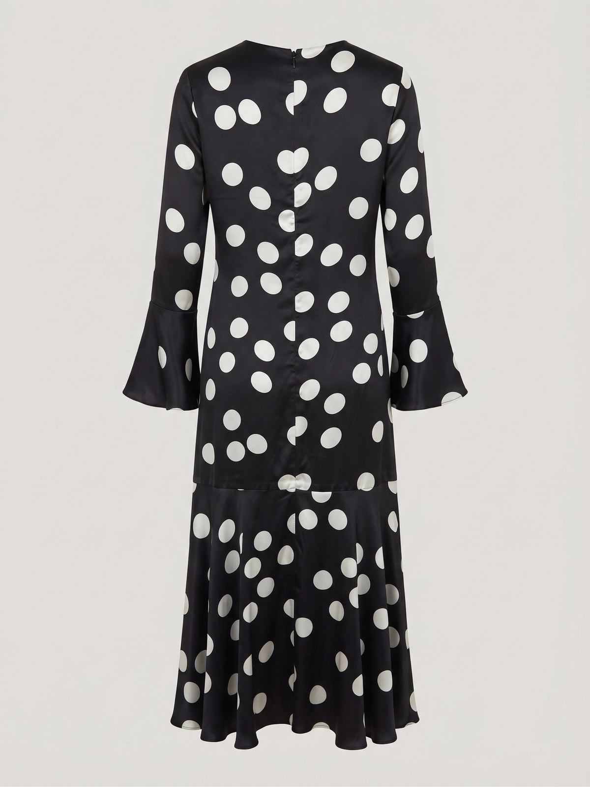 Miss Finch NYC Flared Sleeve Polka Dot Midi Dress with Belt in Black & Cream