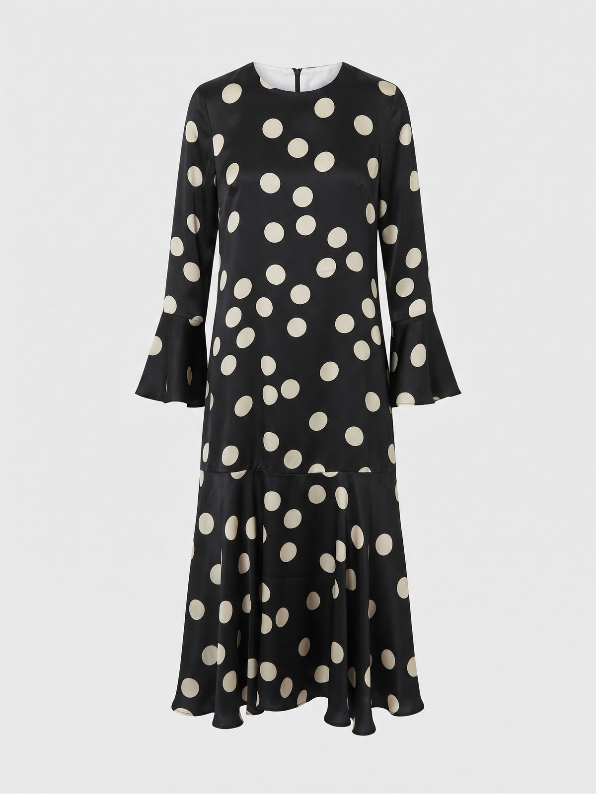 Miss Finch NYC Flared Sleeve Polka Dot Midi Dress with Belt in Black & Cream