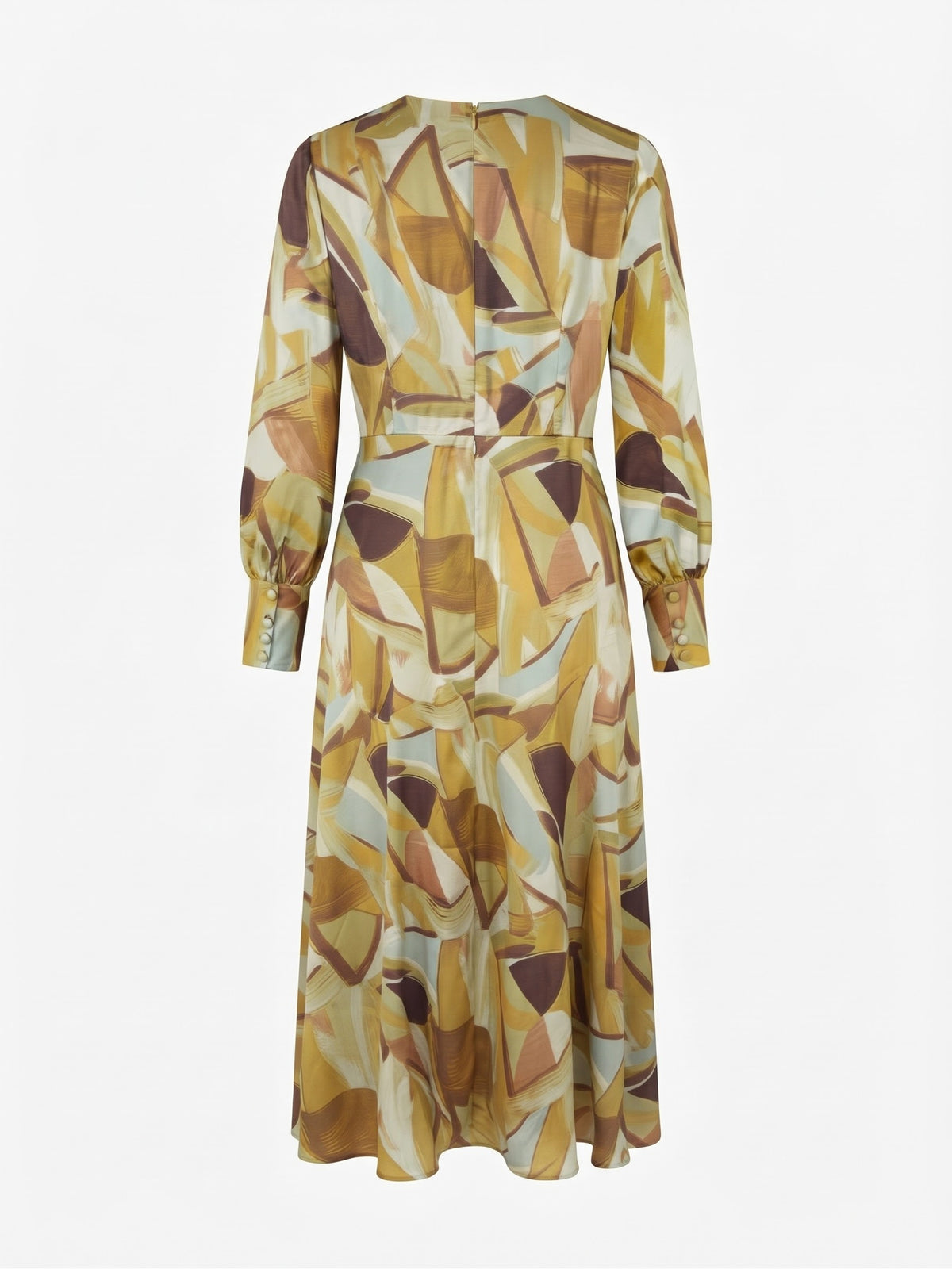 Miss Finch NYC Abstract Brushstroke Poly Satin Midi Dress with Long Sleeves in Mustard & Cream