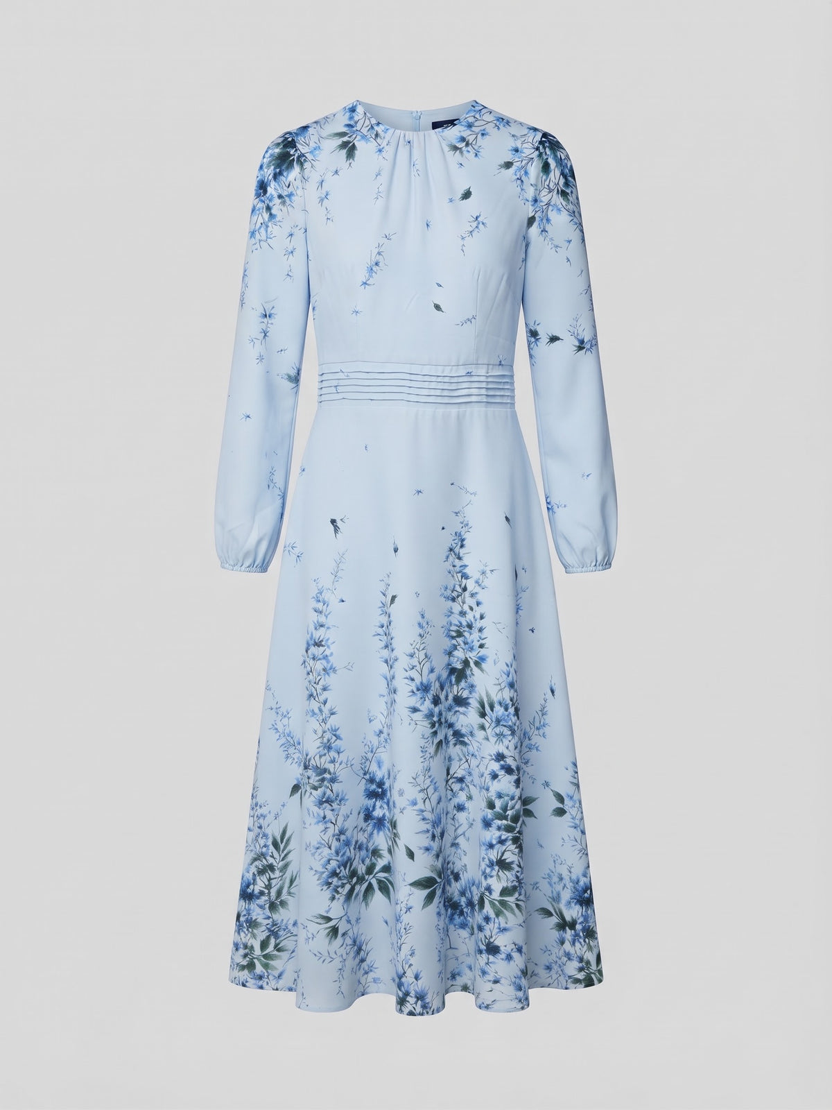 Miss Finch NYC Pleated Waist Floral Midi Dress with Long Sleeves in Sky Blue