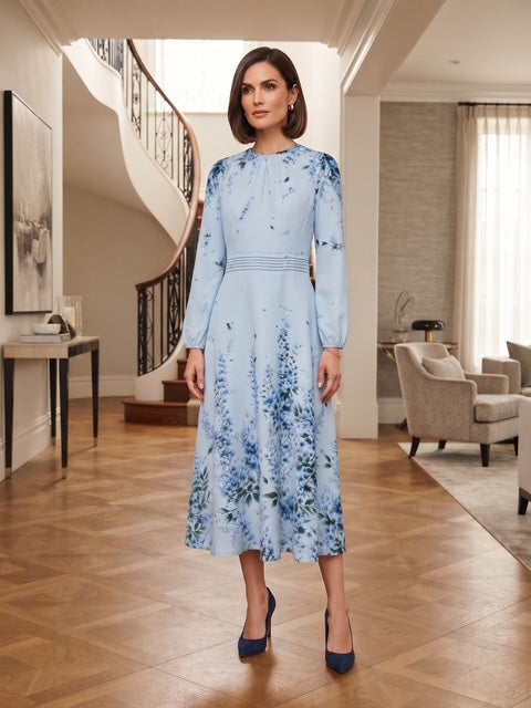 Miss Finch NYC Pleated Waist Floral Midi Dress with Long Sleeves in Sky Blue