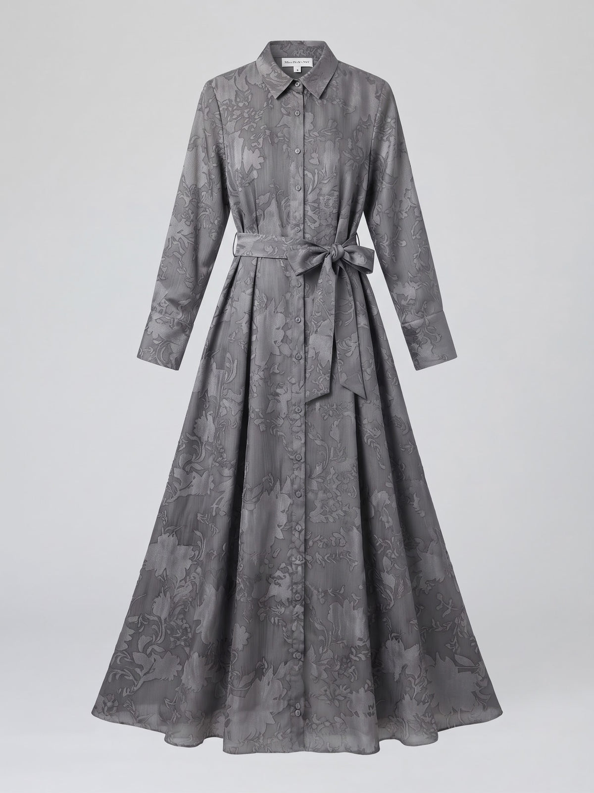 Miss Finch NYC Belted Burnout Floral Maxi Shirt Dress in Charcoal Grey