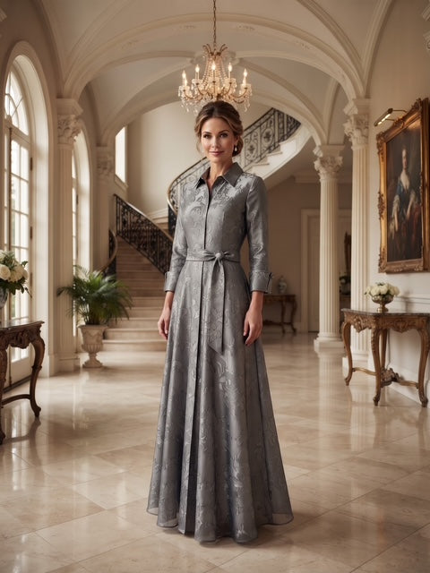 Miss Finch NYC Belted Burnout Floral Maxi Shirt Dress in Charcoal Grey