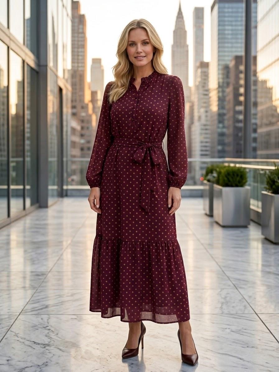 Made in Italy Burgundy Polka Dot Maxi Dress | 55"