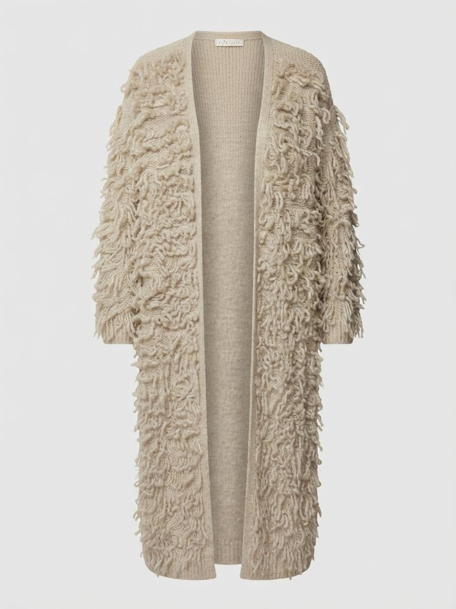 Made in Italy Fringe Duster Cardigan | Beige Wool Blend Shag Knit Sweater Coat