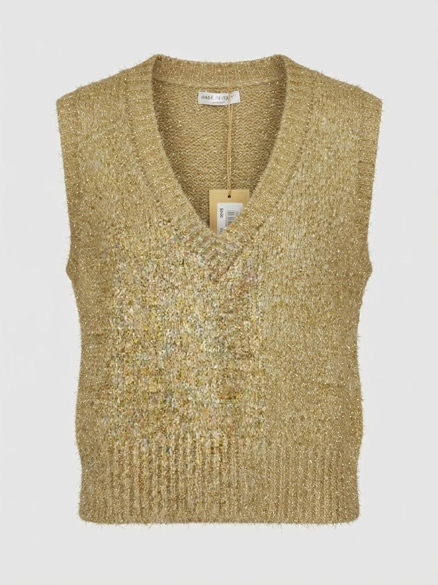 Made in Italy Knit Sweater Vest | Beige Metallic Gold Shimmer V-Neck Tank