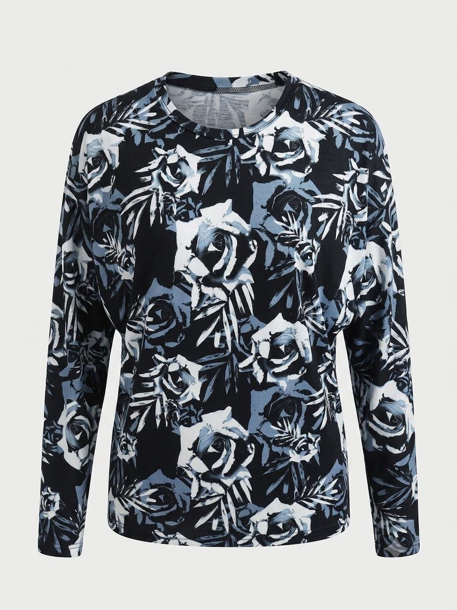 Midnight Rose Botanical Rayon Spandex Dolman Sleeve Top