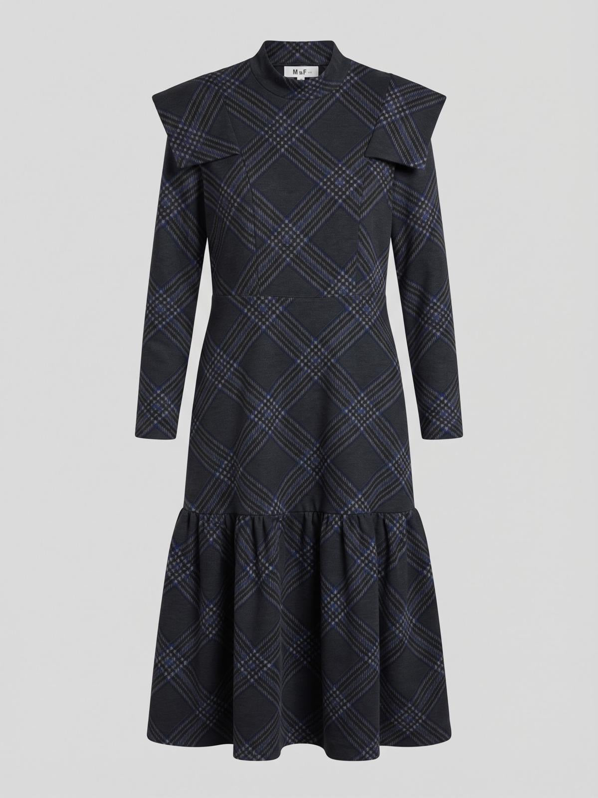 Miss Finch NYC Mock Neck Plaid Knit Midi Dress with Ruffle Details