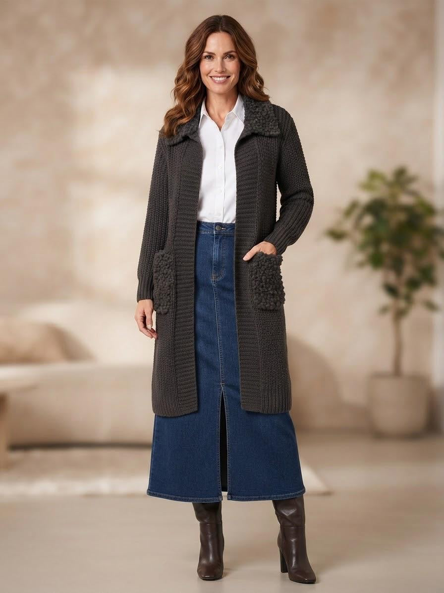 Made in Italy Long Wool Blend Cardigan | Charcoal Grey Open-Front Duster Sweater