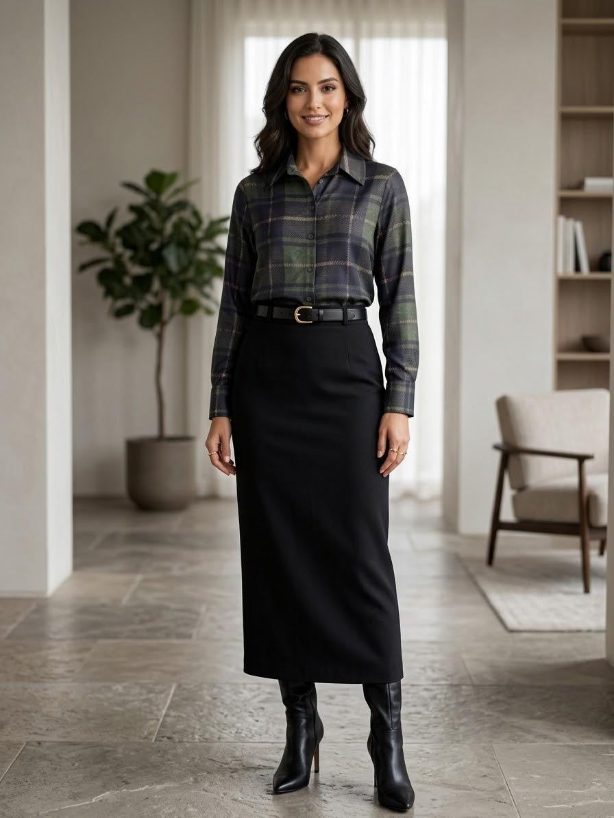 Made in Italy Women's Forest Green & Navy Plaid Satin Blouse