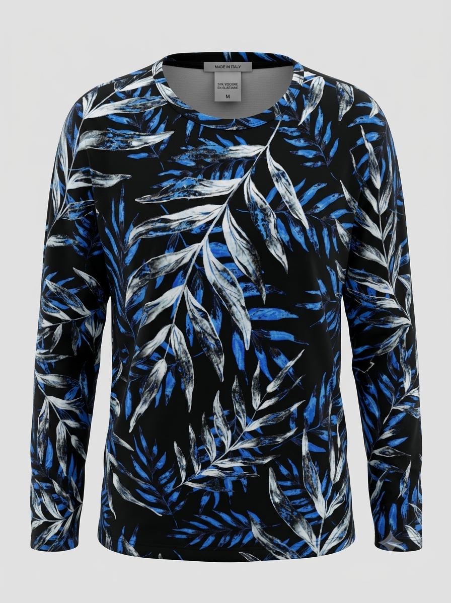 Royal Cobalt Botanical Leaf Viscose Knit Top