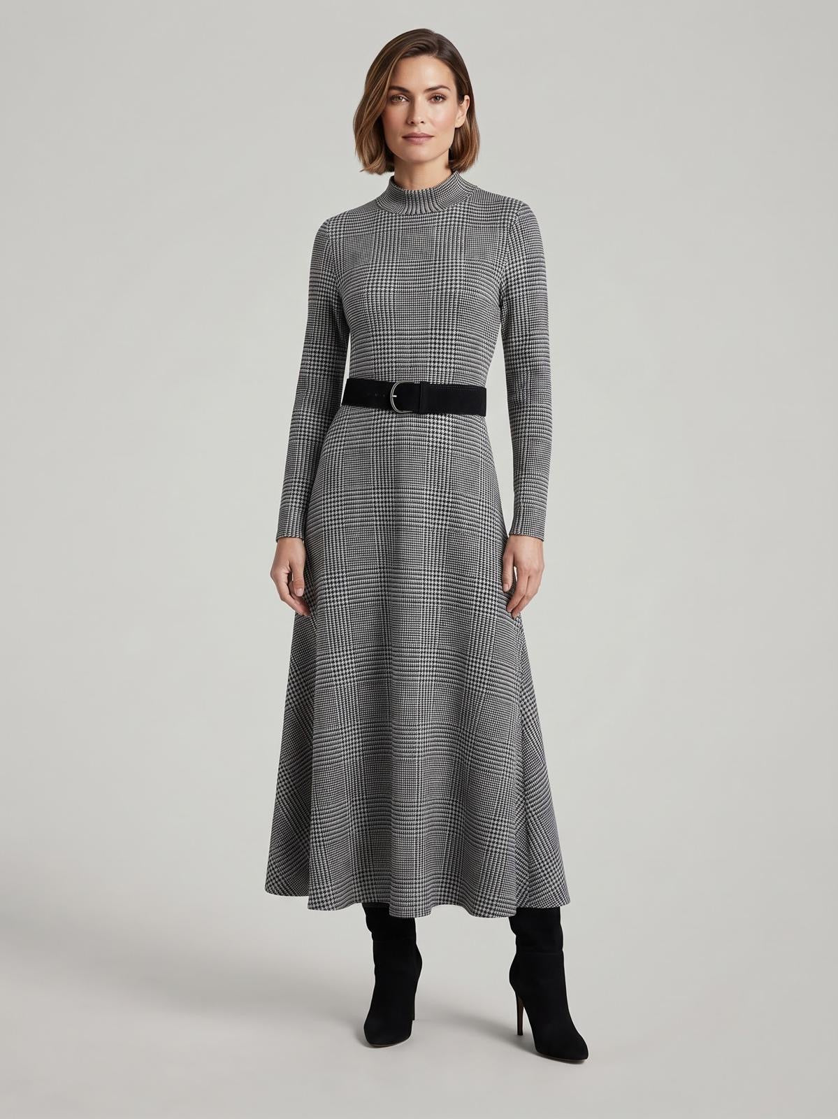 Miss Finch NYC Mock Neck Glen Plaid & Houndstooth Knit Midi Dress