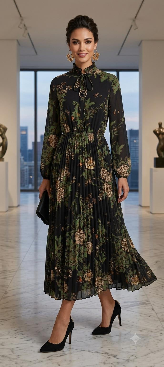 Elegant Dark Floral Chiffon Dress with Pleated Skirt