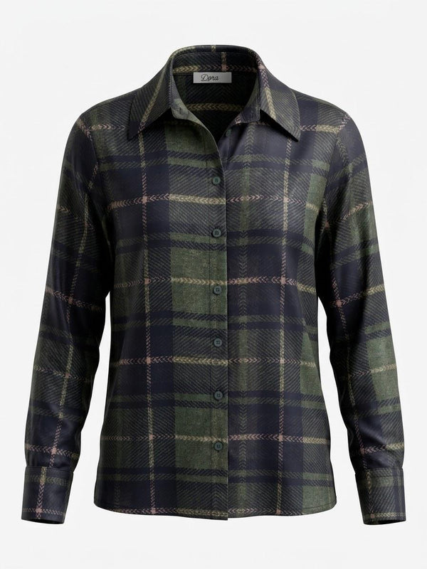 Made in Italy Women's Forest Green & Navy Plaid Satin Blouse