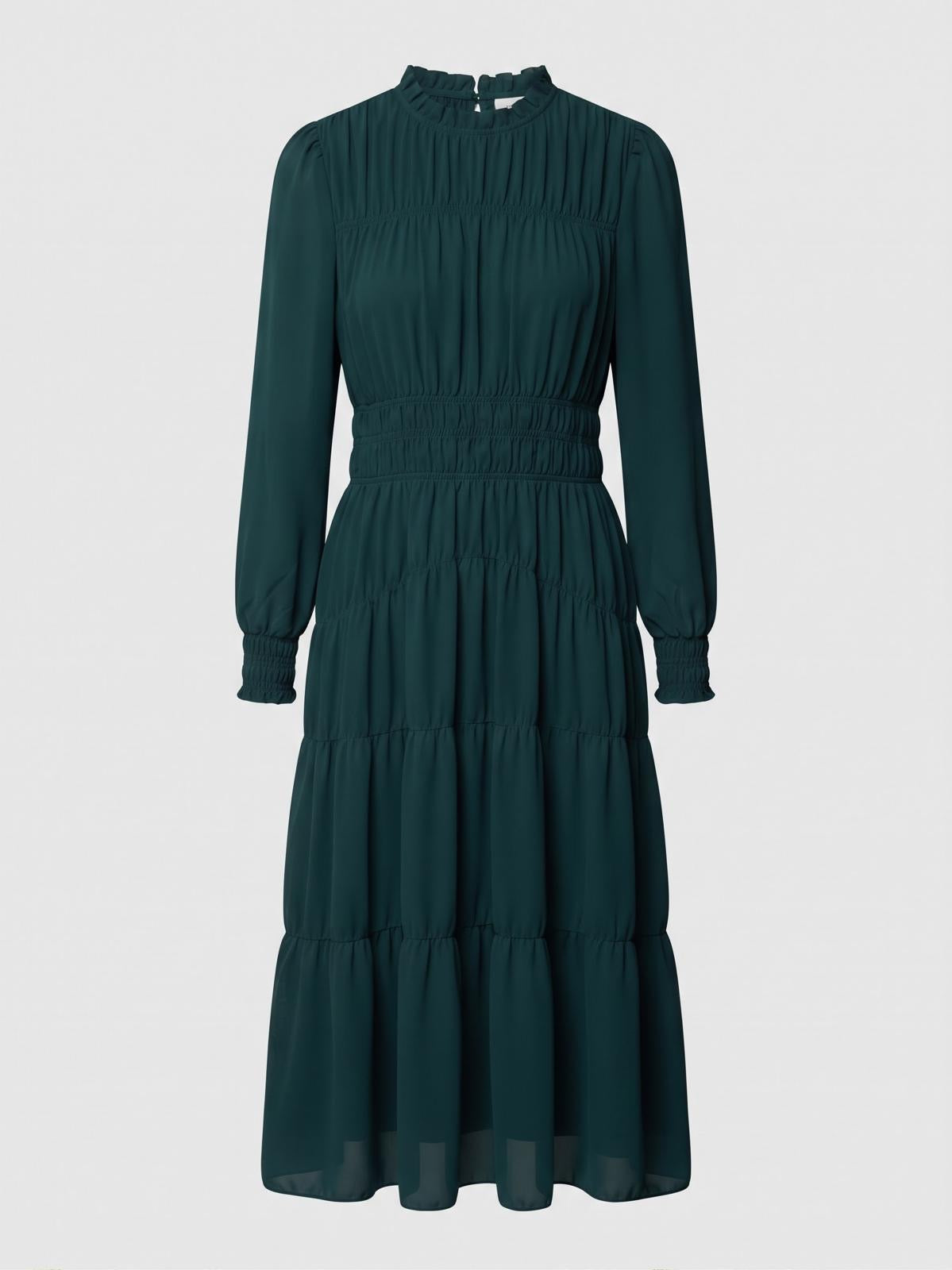Miss Finch NYC Smocked Ruffle-Neck Tiered Midi Dress