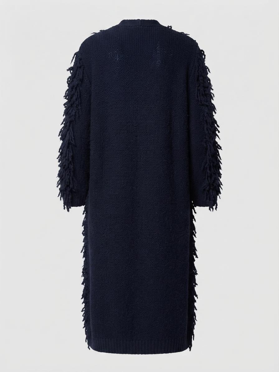 Made in Italy Fringe Duster Cardigan | Dark Navy Wool Blend Shag Knit Sweater Coat