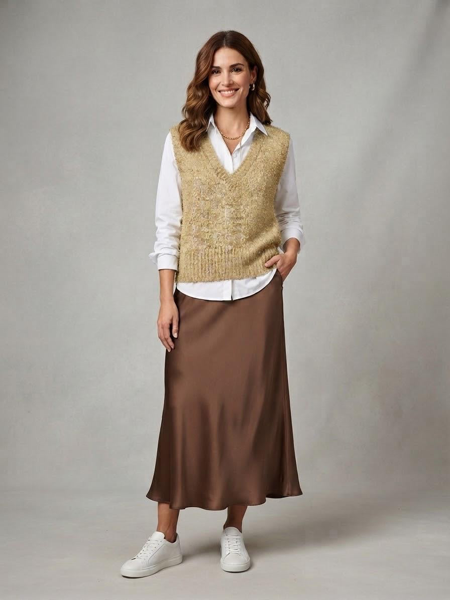 Made in Italy Knit Sweater Vest | Beige Metallic Gold Shimmer V-Neck Tank