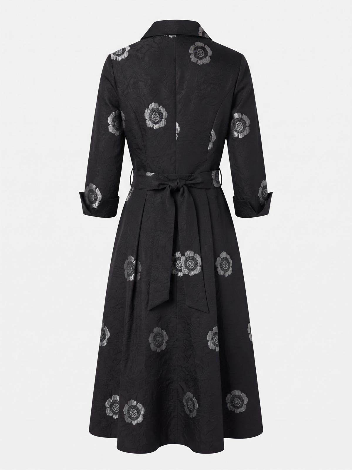 Miss Finch NYC Black & Silver Floral Jacquard Shirt Midi Dress