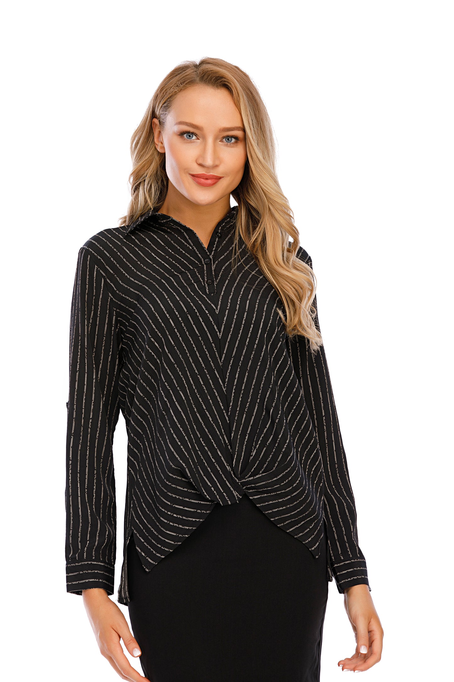 Long Sleeves Narrow Stripe Wrap Look Shirt Blouse - MissFinchNYC