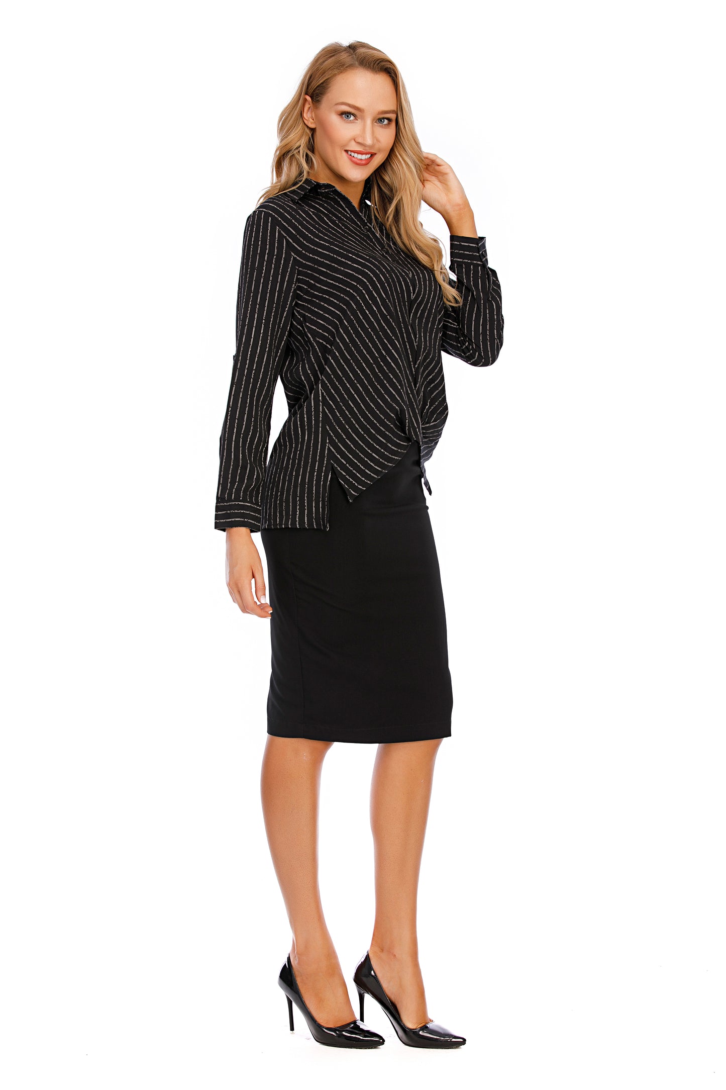 Long Sleeves Narrow Stripe Wrap Look Shirt Blouse - MissFinchNYC