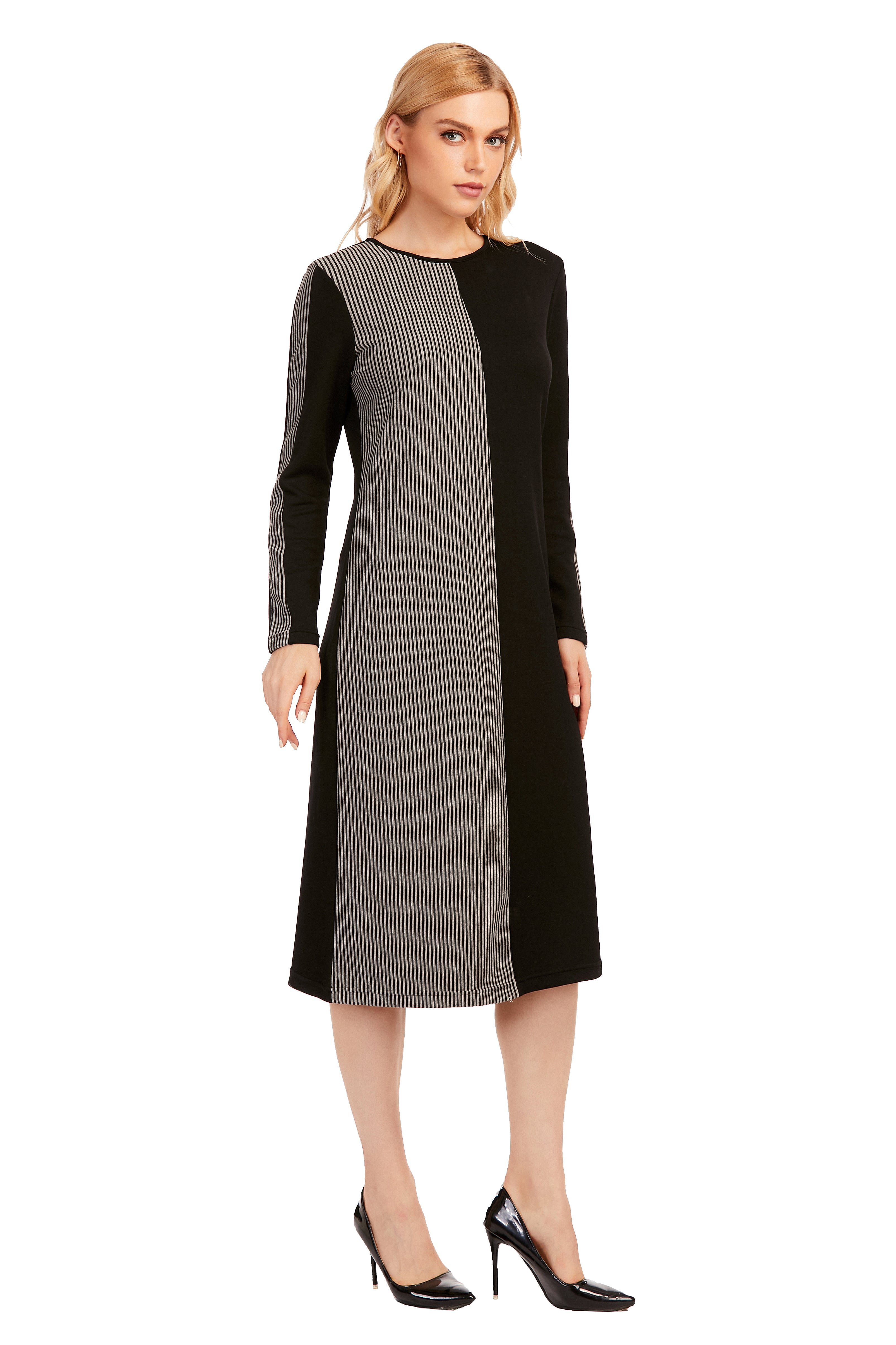 Striped & Solid Modest Knitted Long Sleeve Dress - MissFinchNYC