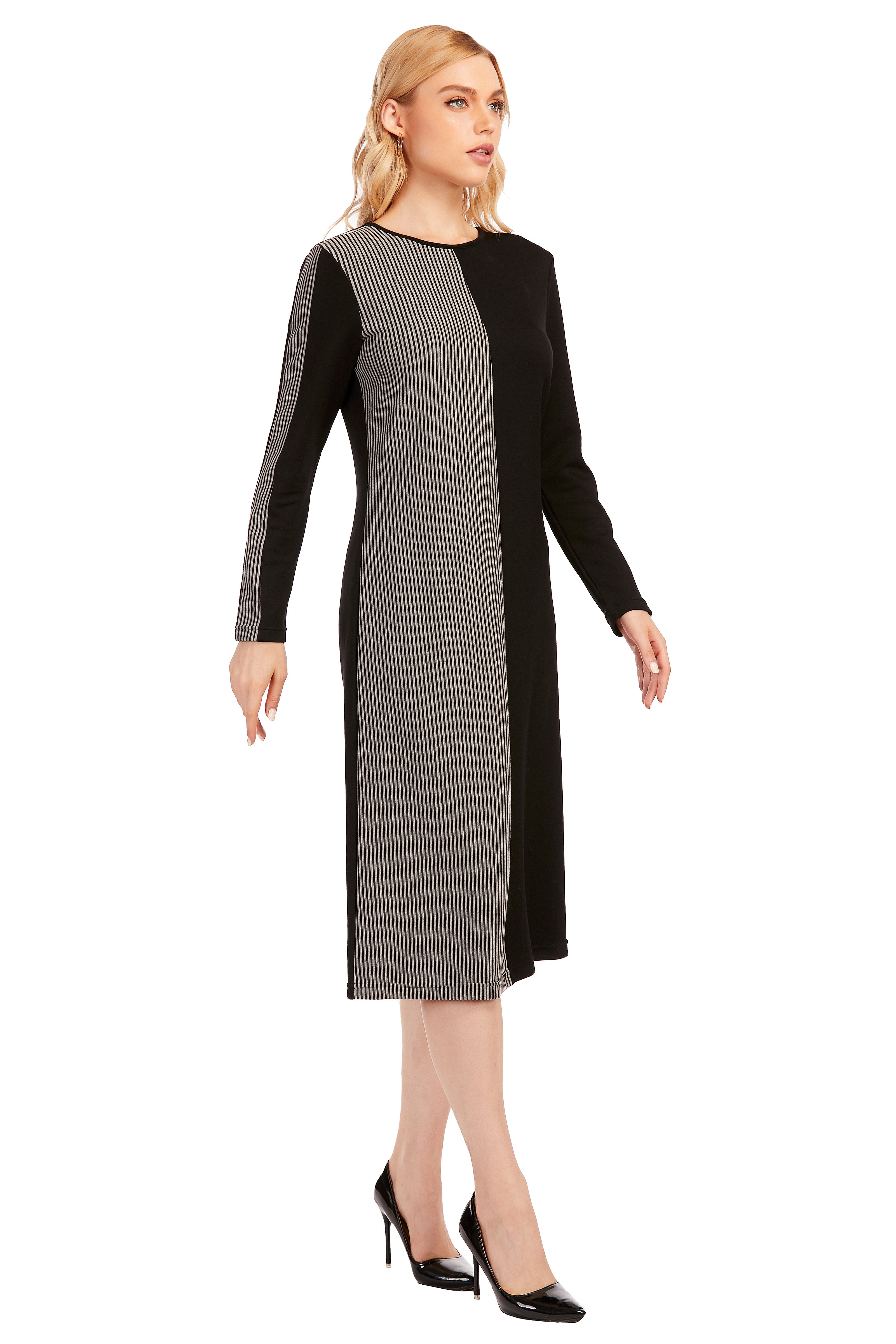 Striped & Solid Modest Knitted Long Sleeve Dress - MissFinchNYC
