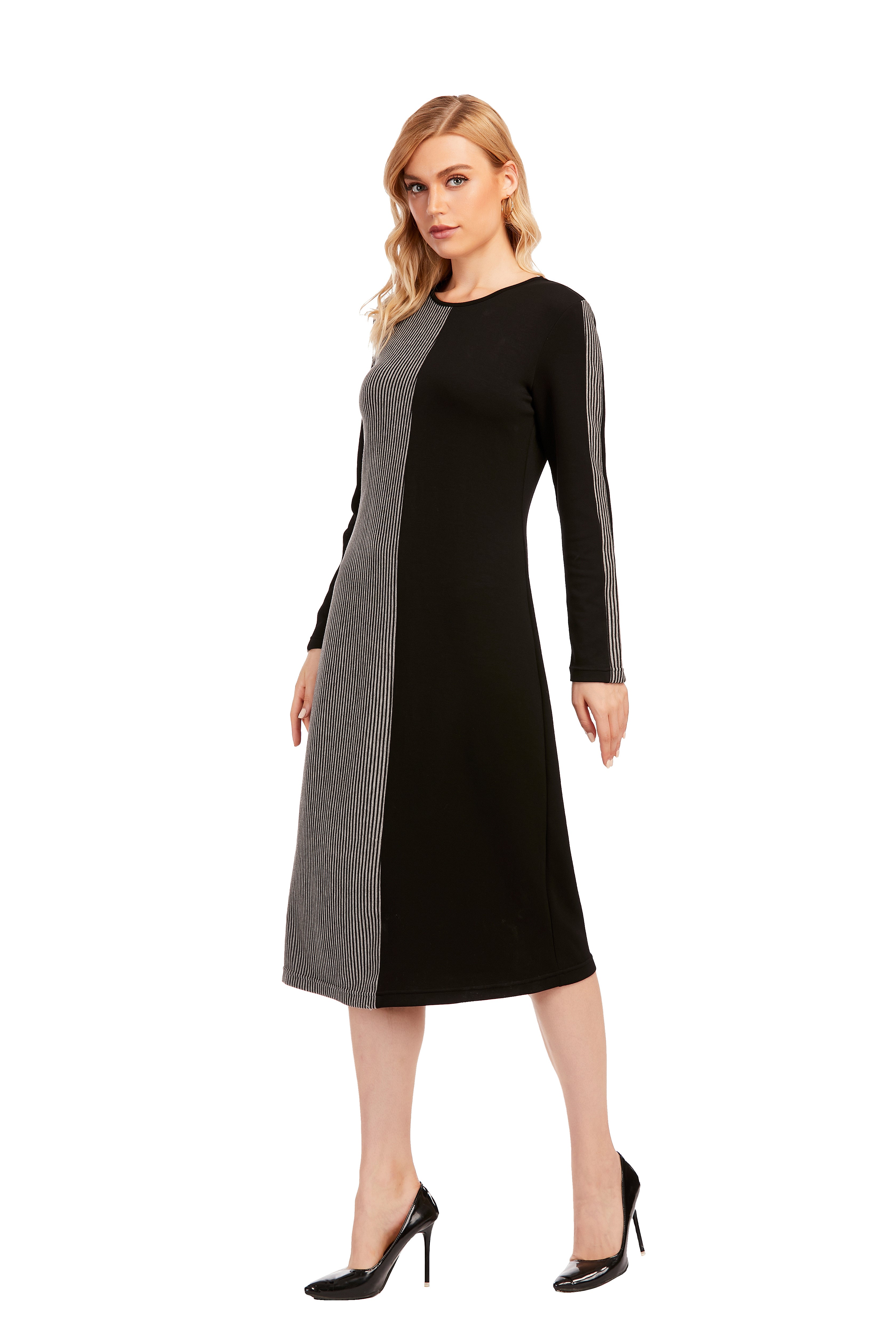 Striped & Solid Modest Knitted Long Sleeve Dress - MissFinchNYC