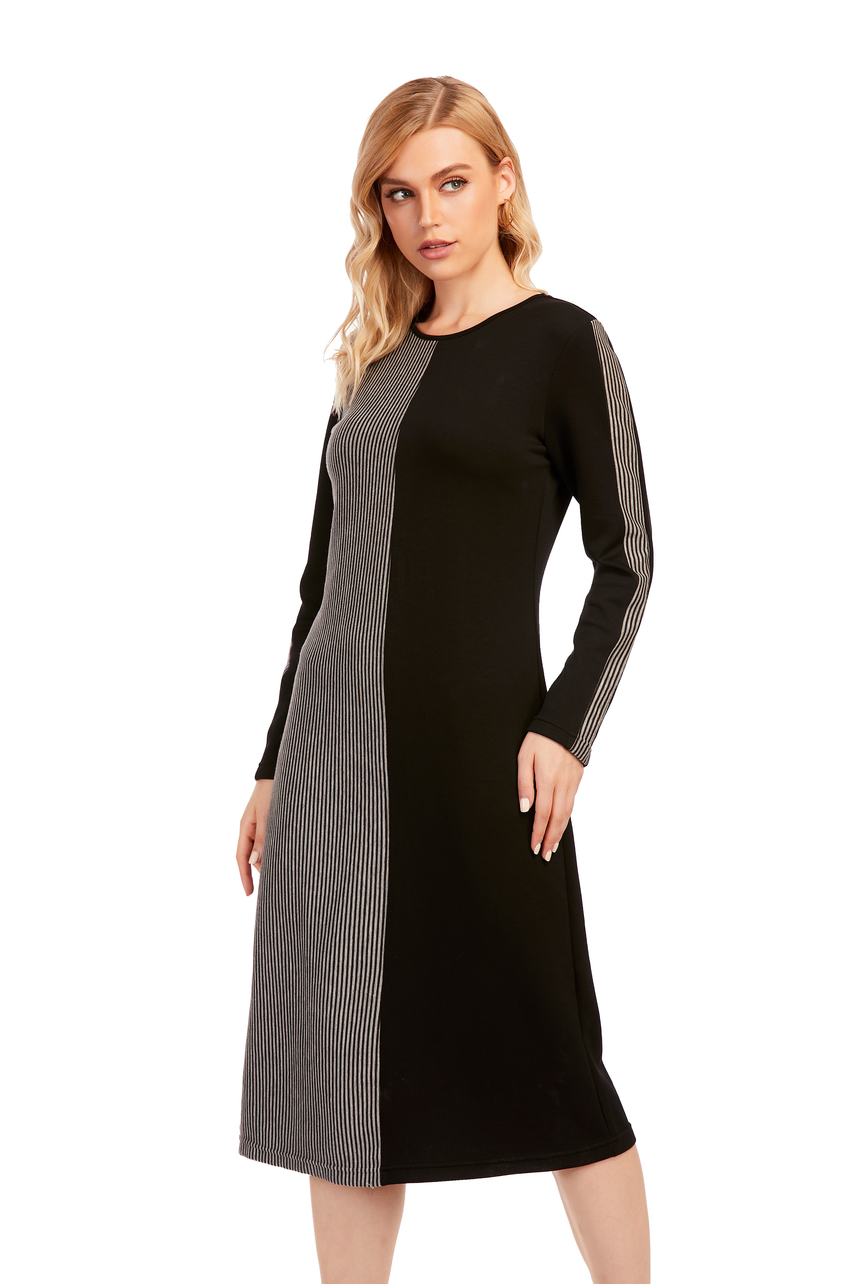 Striped & Solid Modest Knitted Long Sleeve Dress - MissFinchNYC