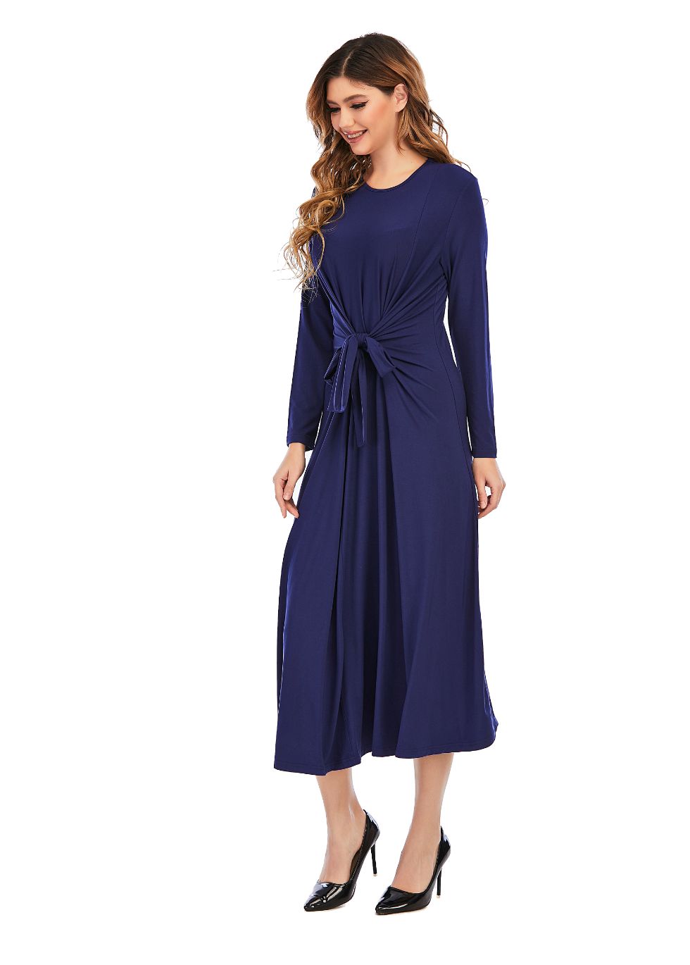 Long sleeve Knit Tie Front Midi Dress - MissFinchNYC