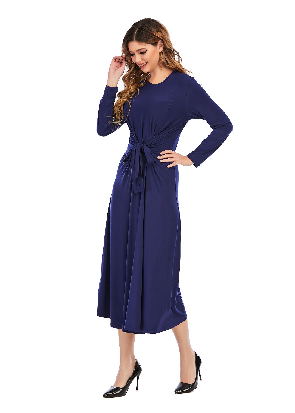 Long sleeve Knit Tie Front Midi Dress - MissFinchNYC