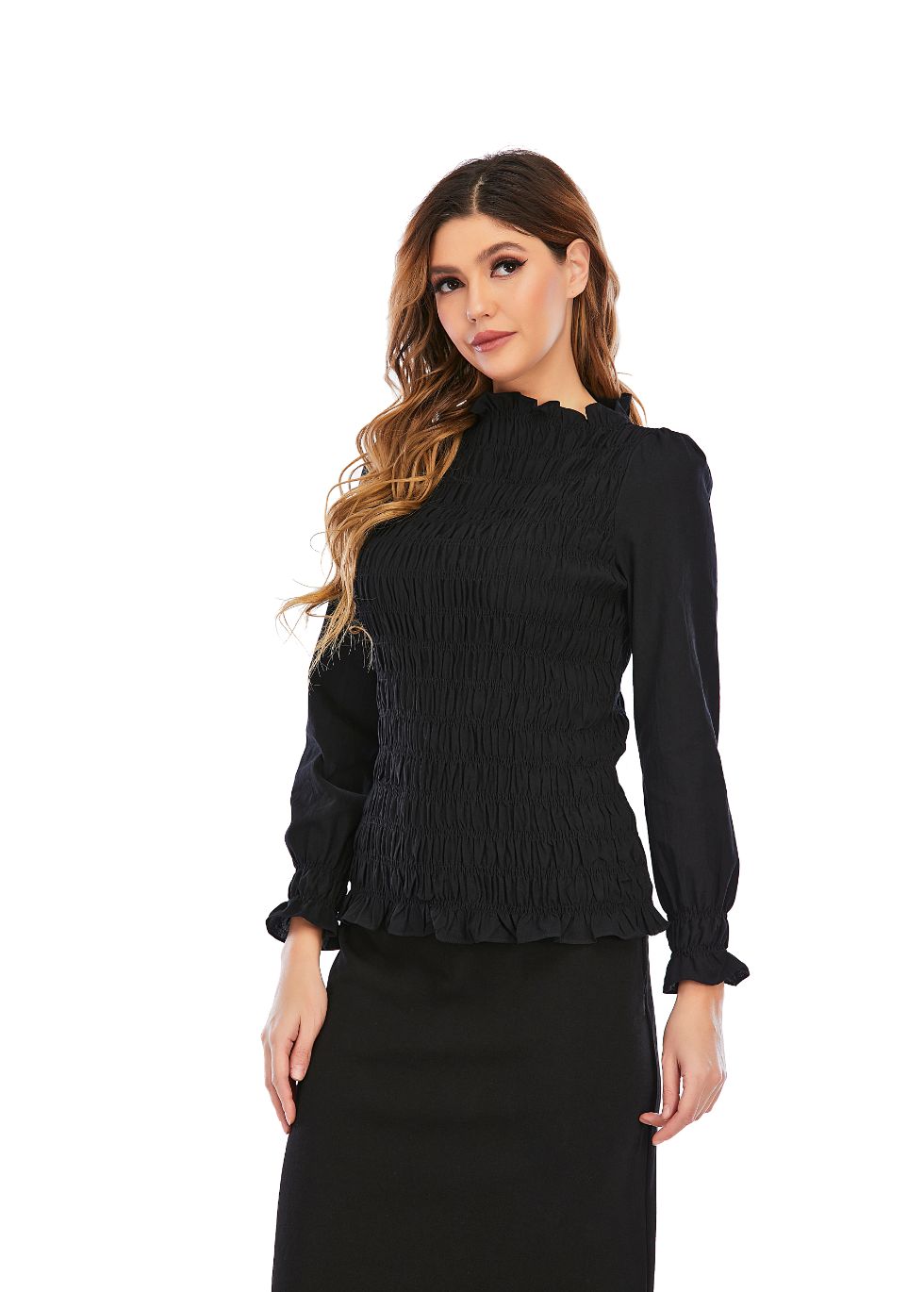 Cotton Spandex Smocked Blouse with Long Sleeves - MissFinchNYC