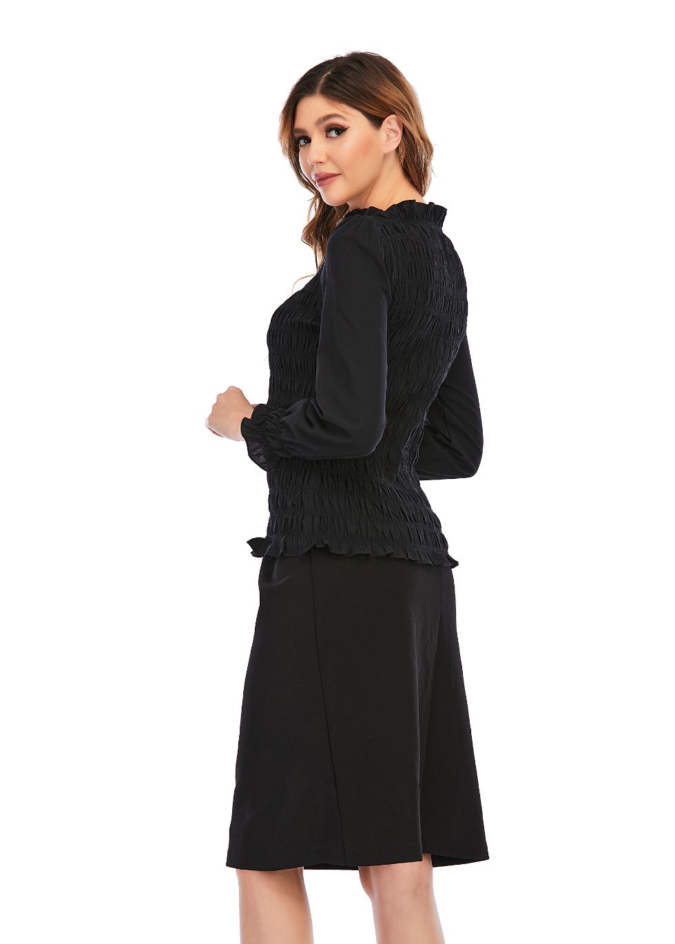 Cotton Spandex Smocked Blouse with Long Sleeves - MissFinchNYC