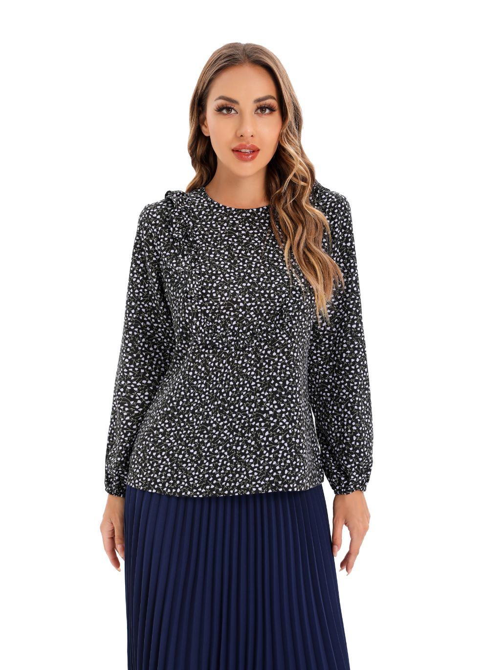 Micro Print Blouse with Long Sleeves and Bib Front - MissFinchNYC