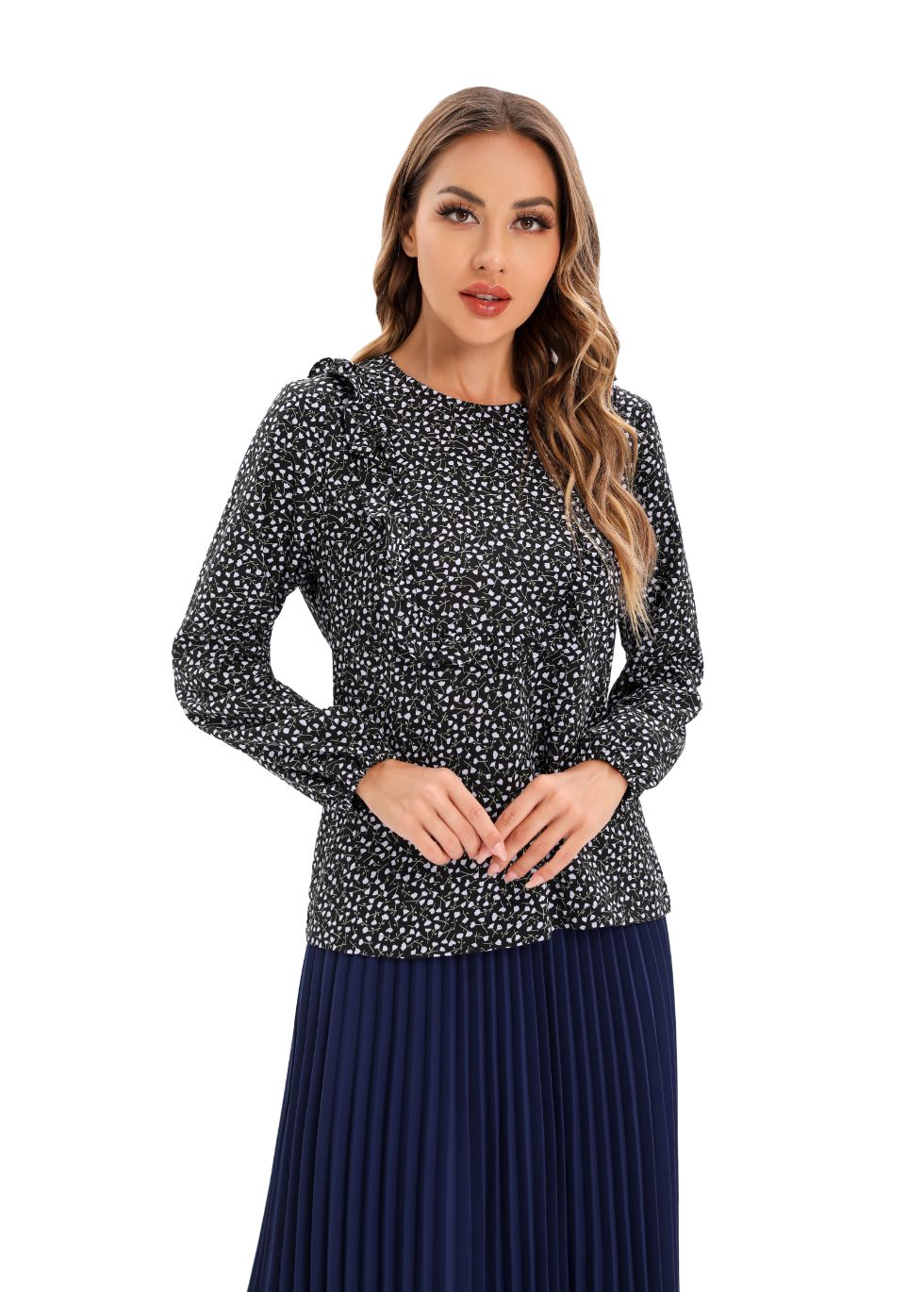 Micro Print Blouse with Long Sleeves and Bib Front - MissFinchNYC
