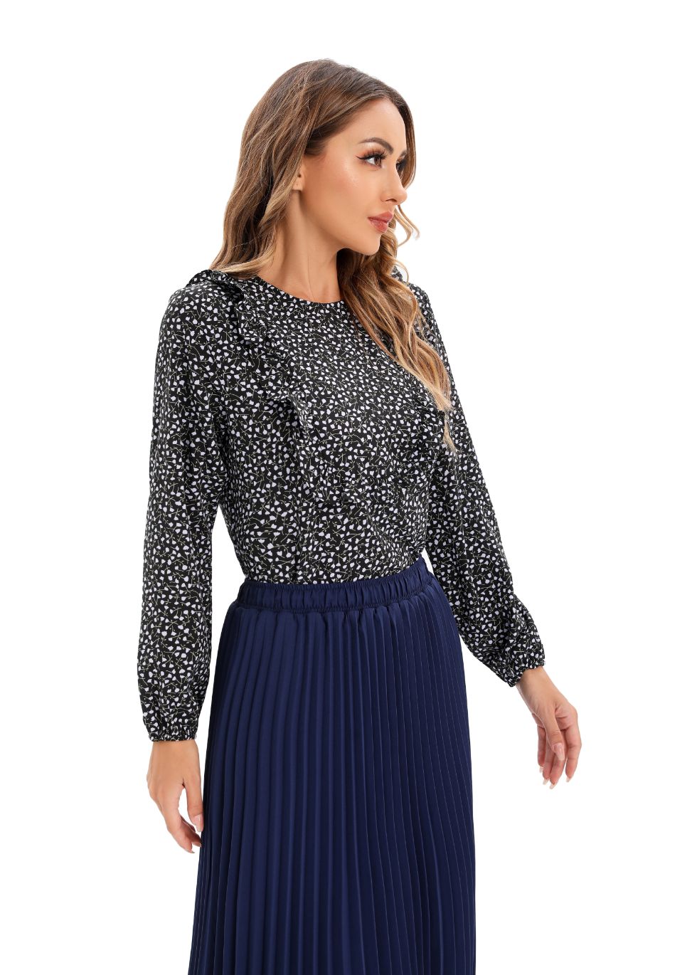 Micro Print Blouse with Long Sleeves and Bib Front - MissFinchNYC