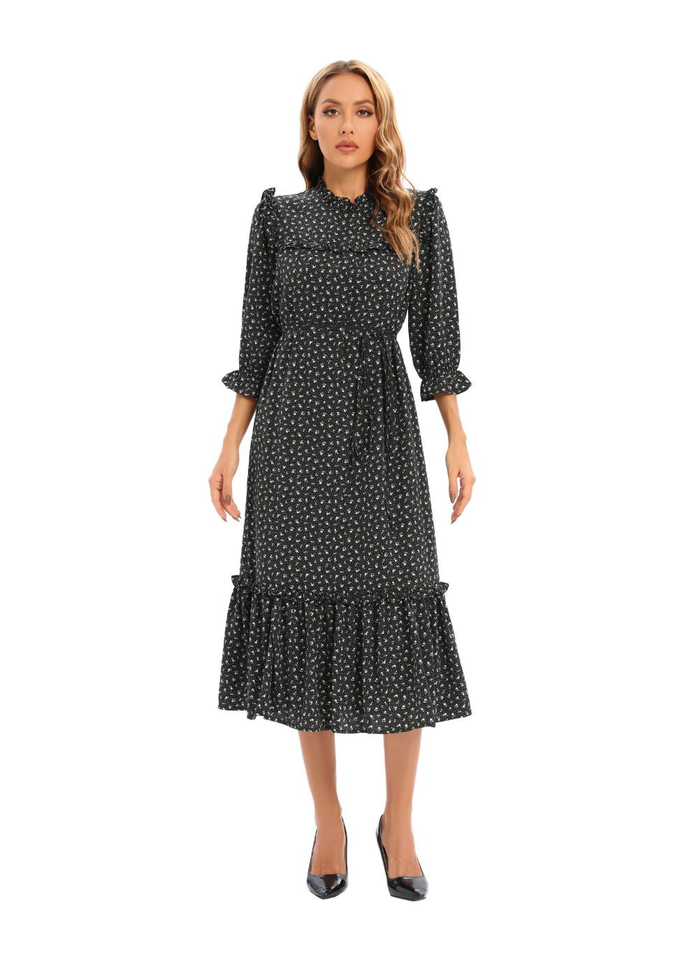 Midi Print Dress with 3/4 Sleeves - MissFinchNYC