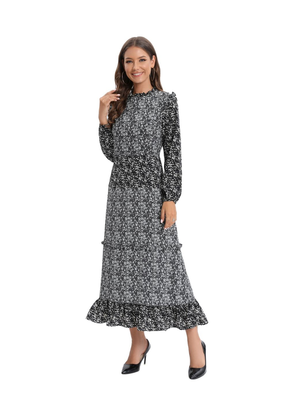 Long Sleeve Mixed Print Dress - MissFinchNYC