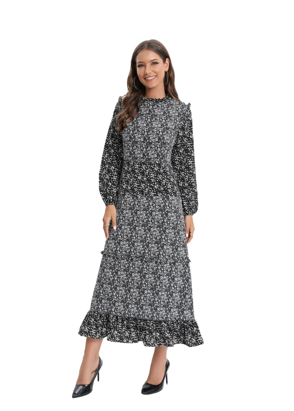 Long Sleeve Mixed Print Dress - MissFinchNYC