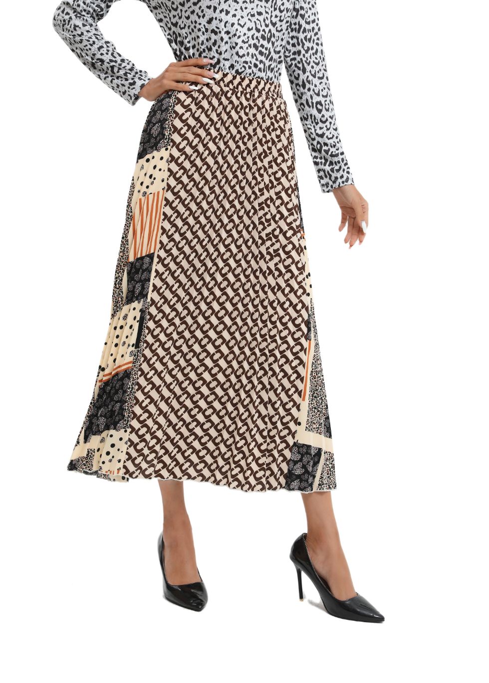 Mixed Print Midi Pleated Skirt - MissFinchNYC