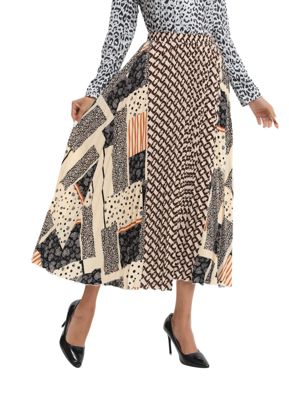 Mixed Print Midi Pleated Skirt - MissFinchNYC