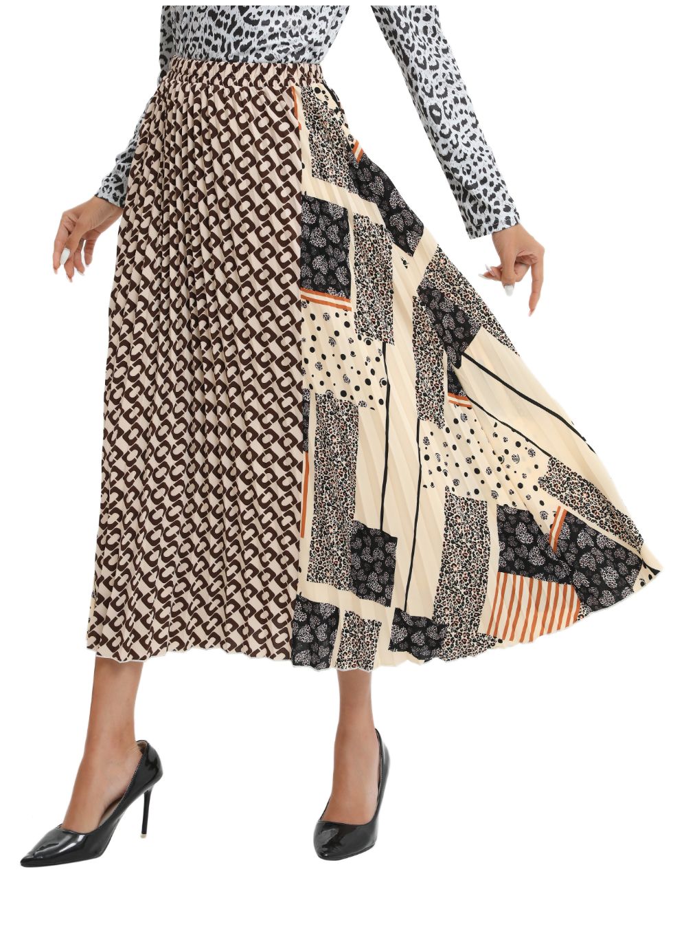 Mixed Print Midi Pleated Skirt - MissFinchNYC