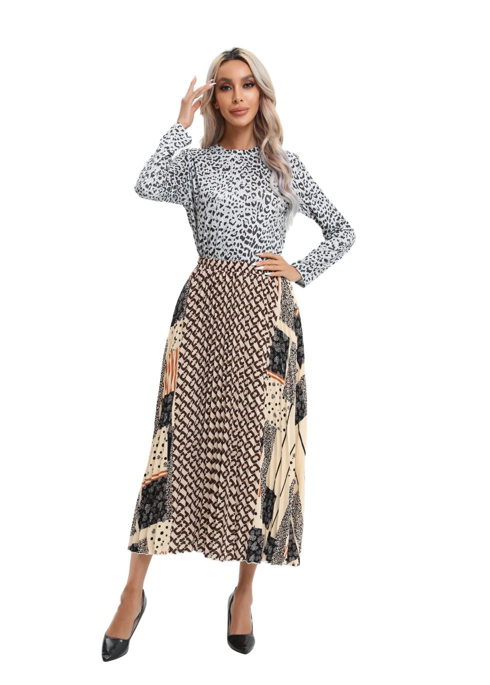 Mixed Print Midi Pleated Skirt - MissFinchNYC