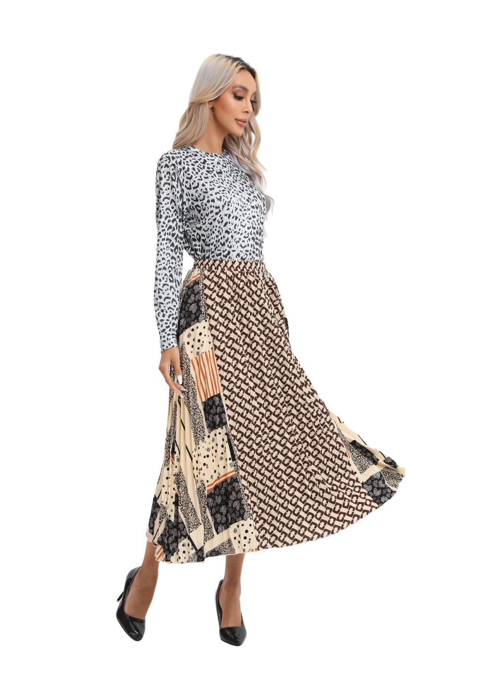 Mixed Print Midi Pleated Skirt - MissFinchNYC