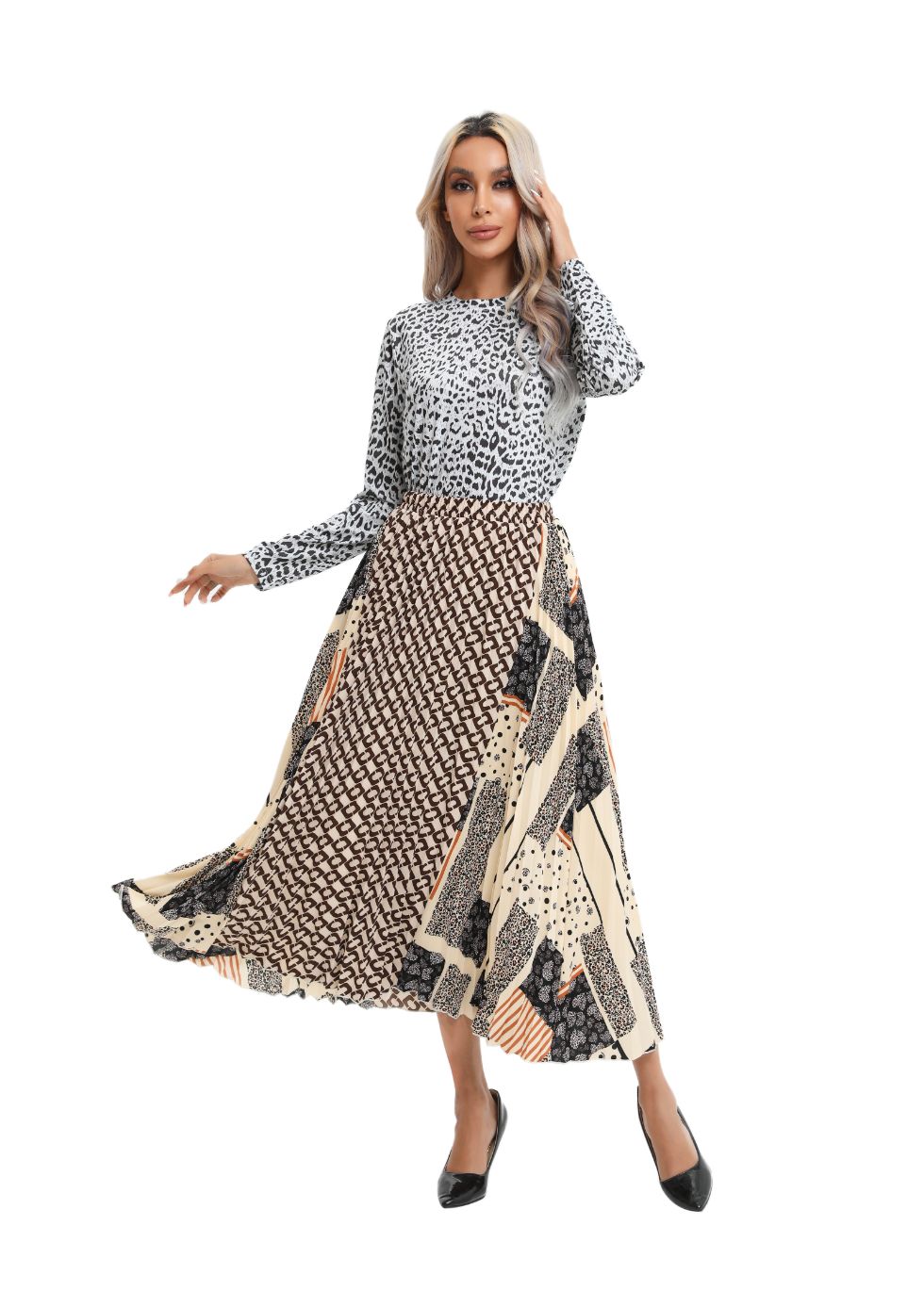 Mixed Print Midi Pleated Skirt - MissFinchNYC