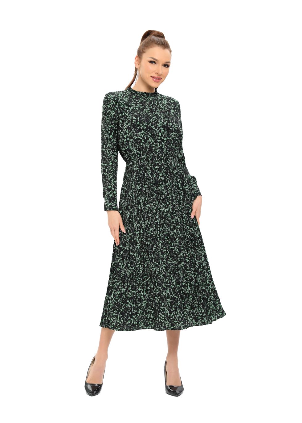 Long Sleeve Micro Pleated Skirt Midi Dress - MissFinchNYC